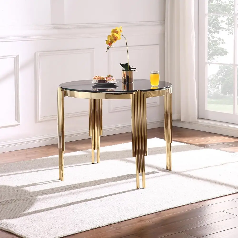 Modern Tempered Glass Circular Dining Table with Gold Stainless Steel Legs for Home Kitchen and Dining Area