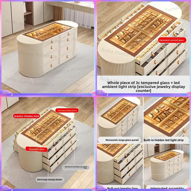 Modern Wood MDF Island Display Cabinet with LED Light 6 Drawer Floor to Ceiling Beauty Cosmetics Nail Art Storage Showcase