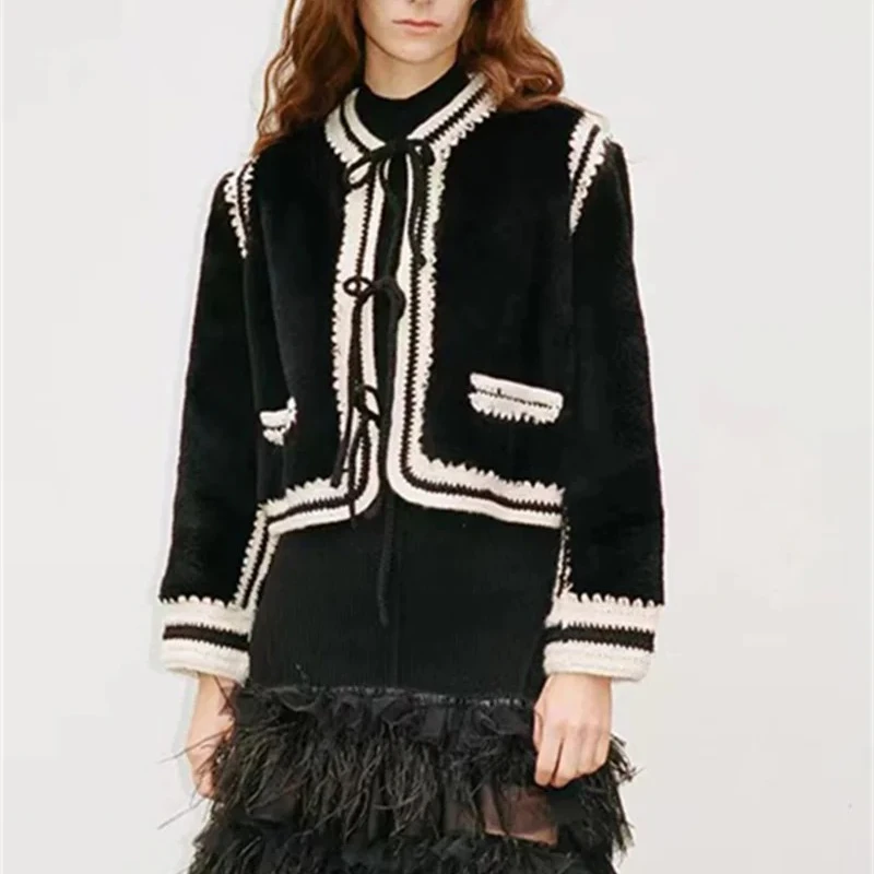 

2025 Autumn Winter Women's Lace-Up Short Coat, Black Round Neck Contrasting Crochet Trim Fashion Lady Jacket
