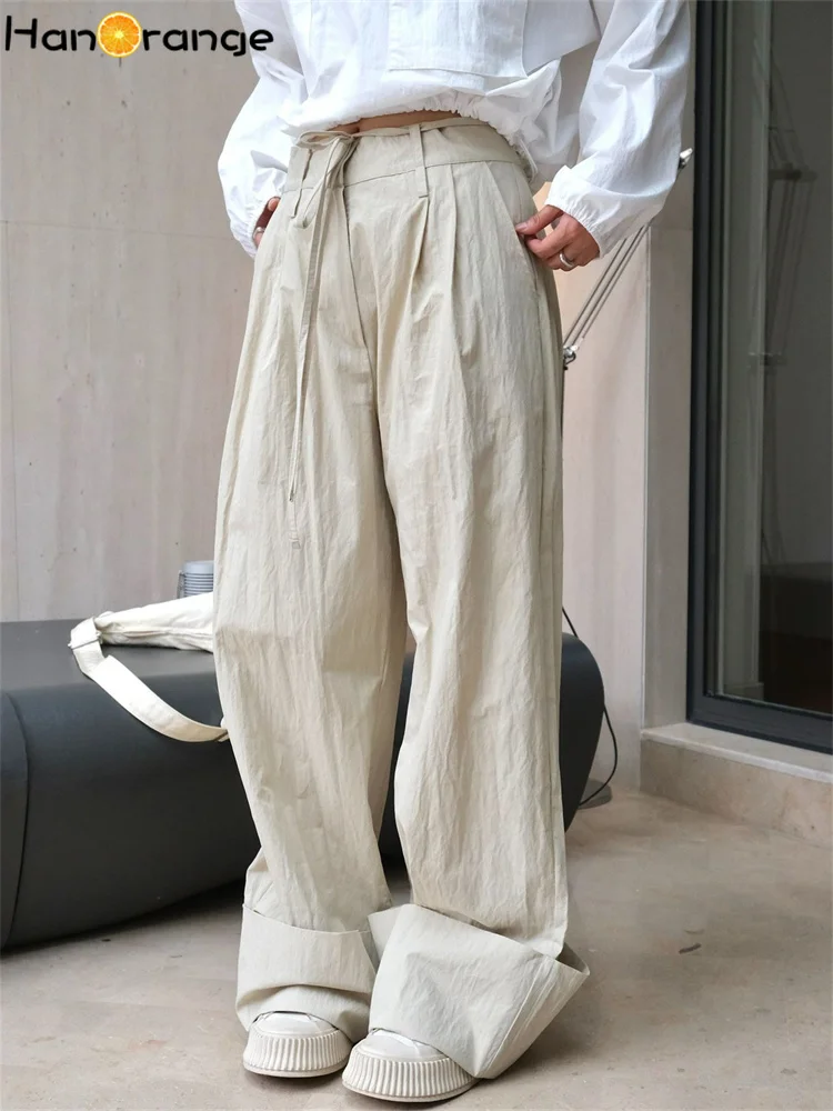 HanOrange 2024 Autumn High Waist Drawstring Wide Leg Pants Women Large Curled Edge Loose Trousers Military Green/Apricot Gray