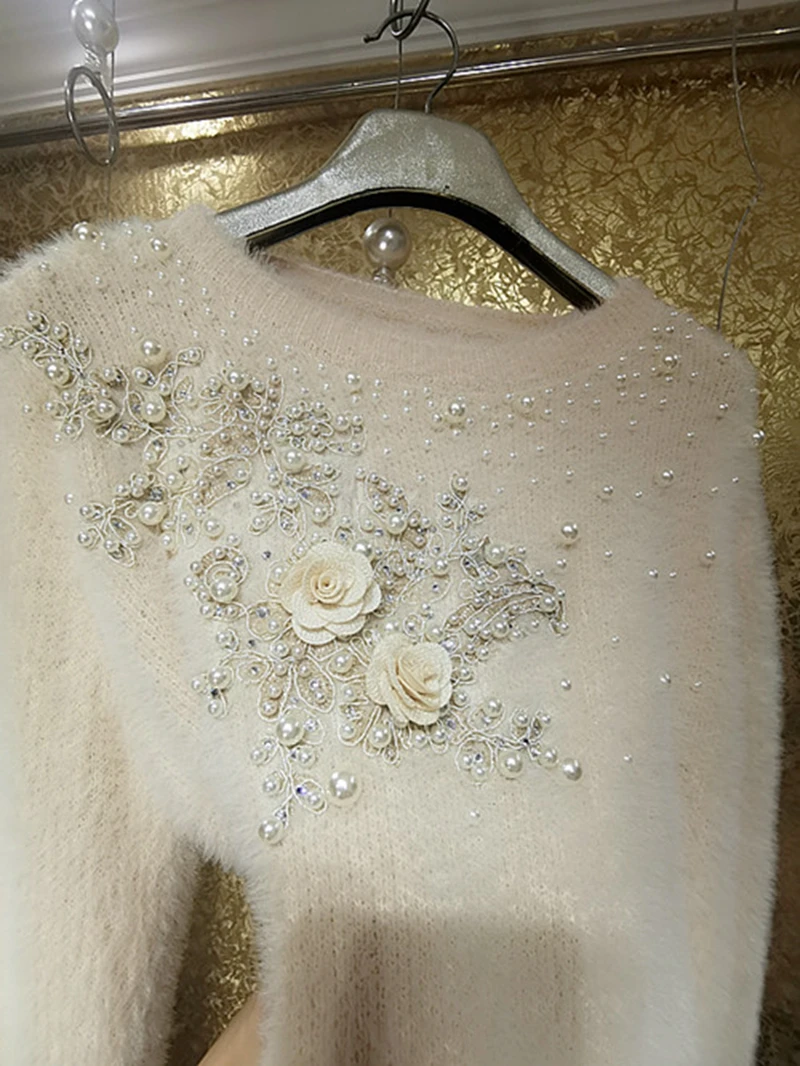 Luxury Style Sparking 3D Floral Embroidery Diamonds Beaded Mohair Short Sweater Faux Fur Knitted Pullovers Mink Cashmere Top