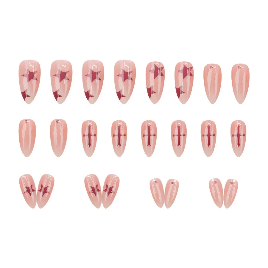 24 pçs imprensa em unhas amêndoa vestindo armadura estrela doce legal picante menina cruz prego remendo gradiente avançado ins estilo ponta do prego falso