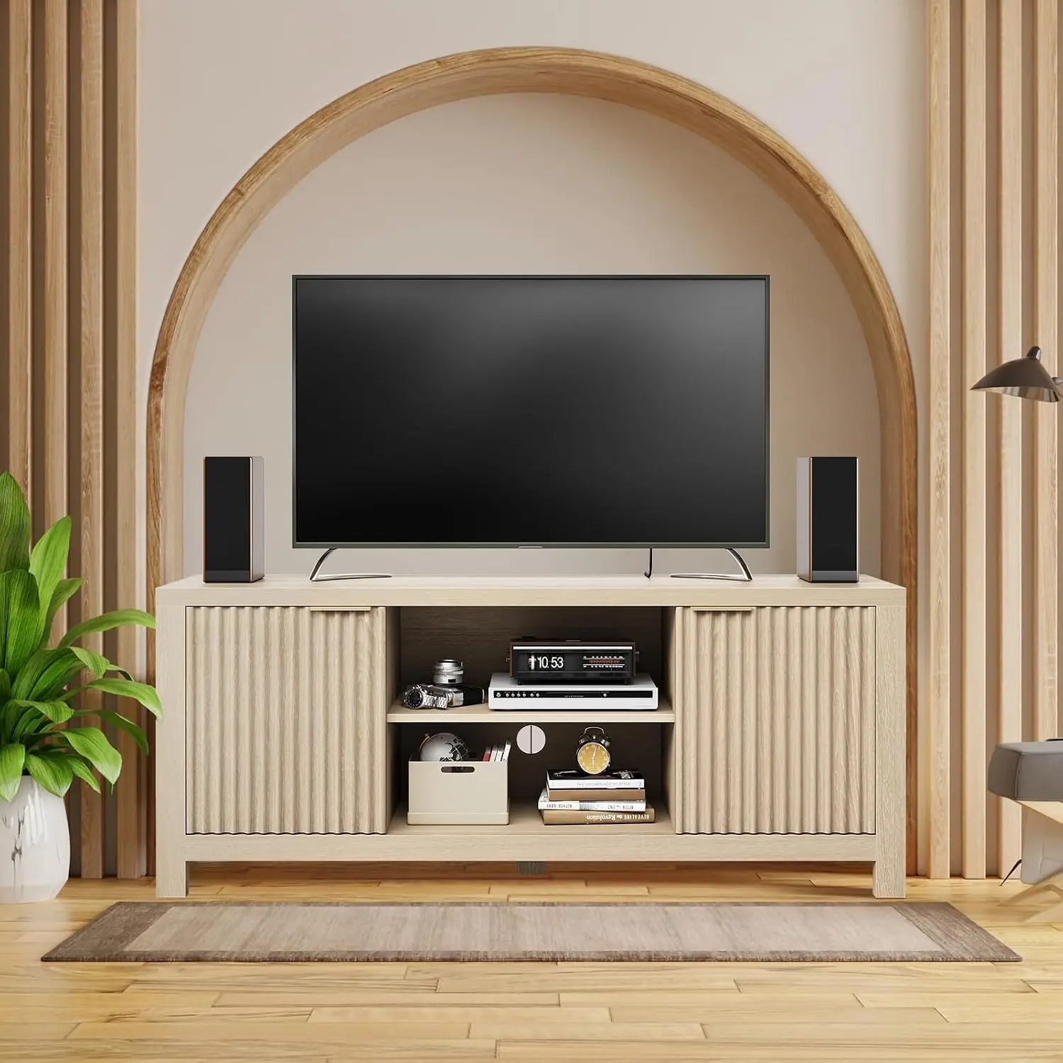 Elegant Fluted Design with Curved Edges, Adjustable Shelves and Thick Desktop, Smart Cable Management and Lighting, Spacious Open Storage Shelves, Easy Assembly
