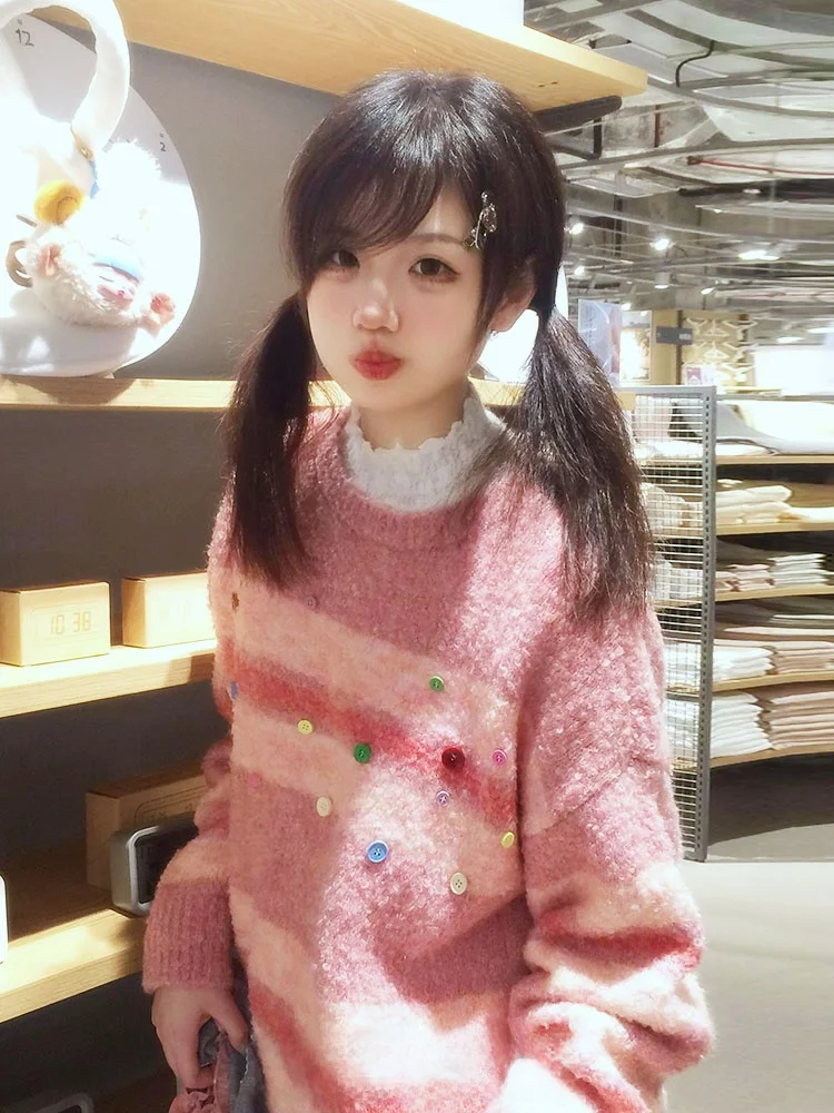 American College Sle-suéter de punto holgado informal para mujer, talla pequeña, Color a rayas, cálido, largo, Sve