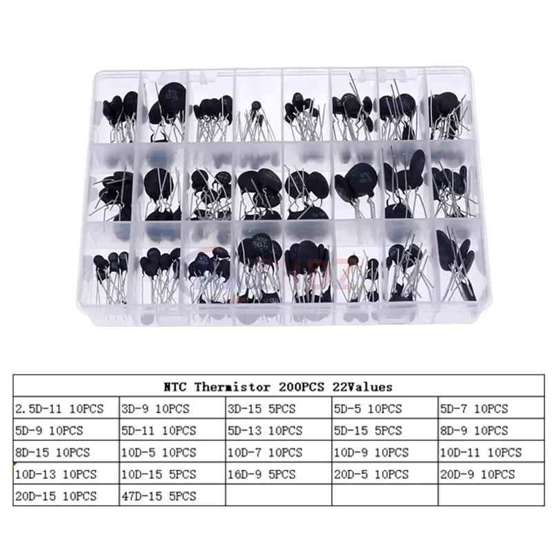 200Pcs 22Value NTC Thermistor Negative Temperature Coefficient Kit 5D-5D-8D-9 8D-15 10D-9 10D-11 16D-9 20D-5 20D-9 47D-15