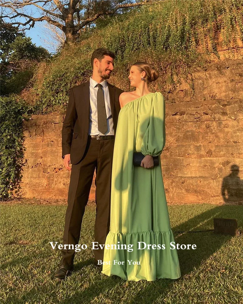 Verngo Light Green Silk Satin Straight Evening Dresses One Shoulder Puff Long Sleeve Arabic Women Formal Party Dress Prom Gowns