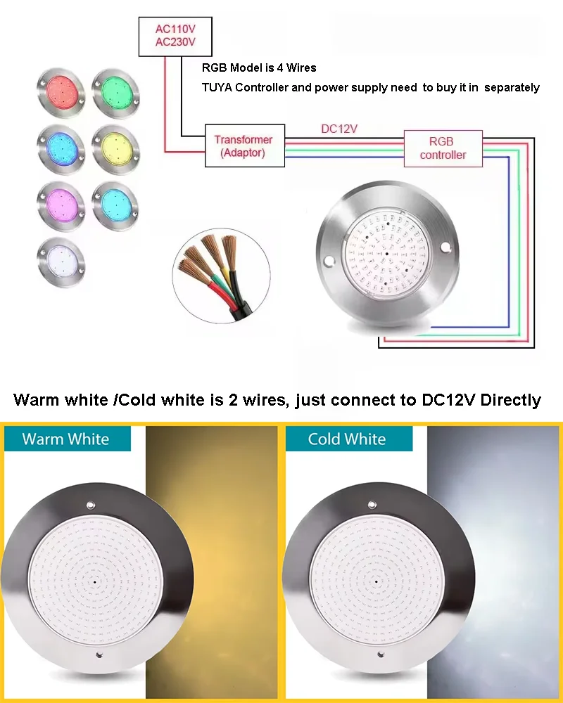 Tuya wifi RGB Underwater Pool Lamp 18W 25W 35W 12V Resin Filled IP68 spot Piscine LED Couleur RGB Projector warm white/white