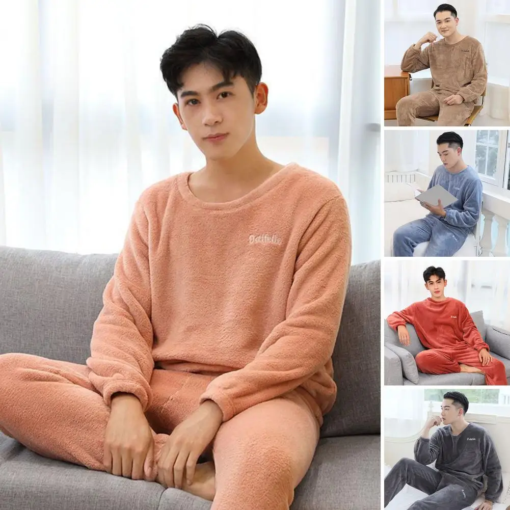 Thickened Pajamas Set Cozy Winter Men's Pajamas Set with Thick Fleece Round Neck Thermal Cold Resistance 2 Piece for Soft