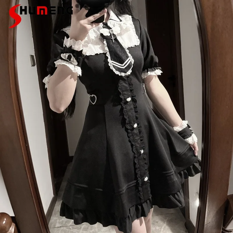 

Japanese Lolita Style Mass-Produced Lace Patchwork Short Sleeved Dress SC Mine Series Single-Breasted Kawaii Clothes Dresses