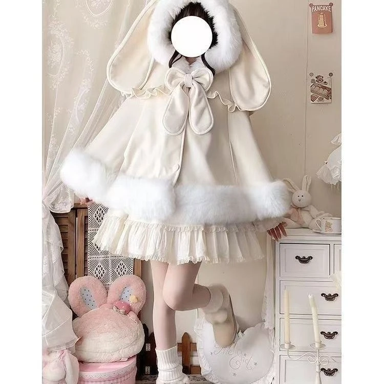 

Японская Лолита из искусственного меха в стиле пэчворк, пальто с капюшоном Y2k, эстетический плащ, куртка, женские кавайные куртки с милым бантом, большие накидки JK