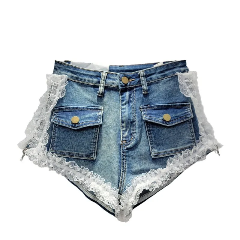 Herbst Neue Vintage-Mode Sexy Mädchen Seite Zipper Spleißen Spitze Mesh Waschen Wasser Alte Denim Shorts Hot Pants Shorts für Frauen