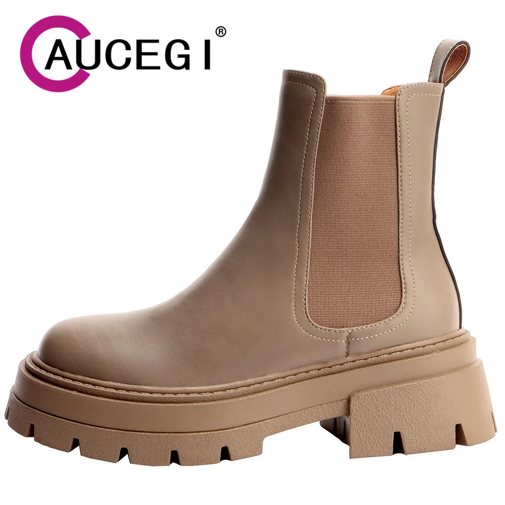 

Aucegi/Новые женские ботильоны с круглым носком, модная элегантная прогулочная обувь из натуральной кожи «Челси», повседневная обувь на платформе и толстом каблуке