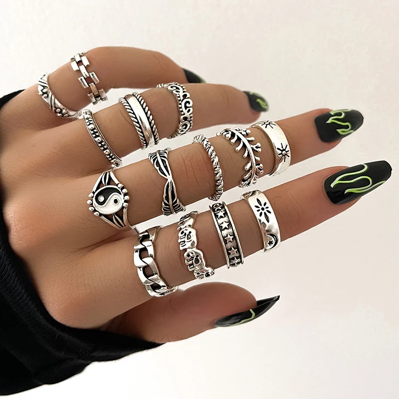 Retro Silver Color Geometric Knuckle Ring Set For Women Vintage Elephant Butterfly Heart Joint Ring Female Punk Jewelry