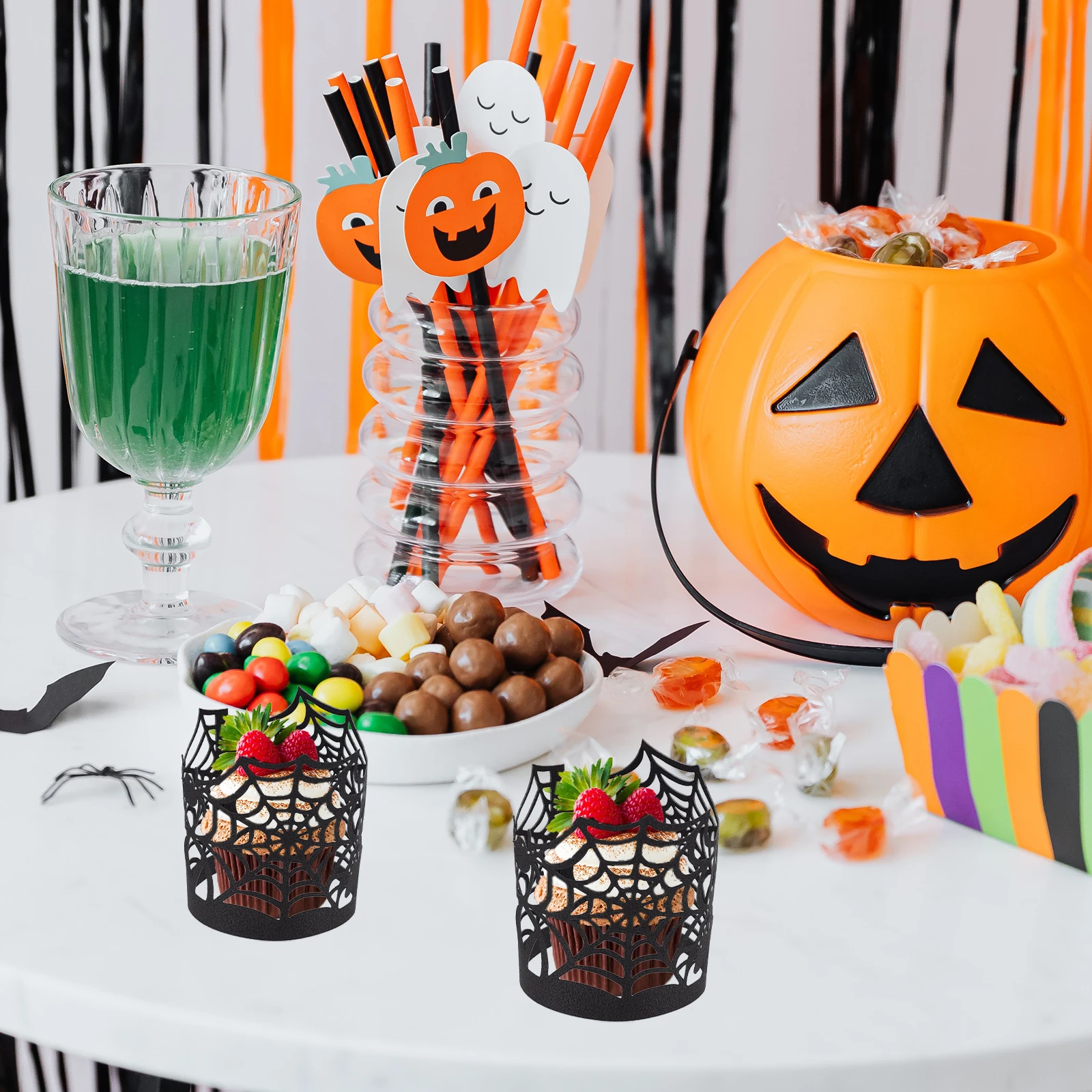 

50 Pcs Laser Hollow Lamp Cover Lampshades Halloween Cupcake Wrappers Spider Web Party Supplies Black Paper Spiderweb