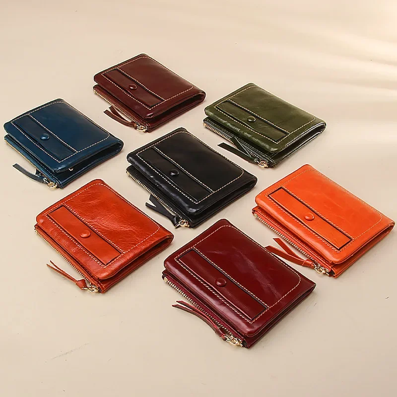 

Vintage Wallet Hot-Selling Leather Short Cardholder Top-Grain Oil Waxed Cowhide Purses Multi-Card Slots Stylish Coin Purse