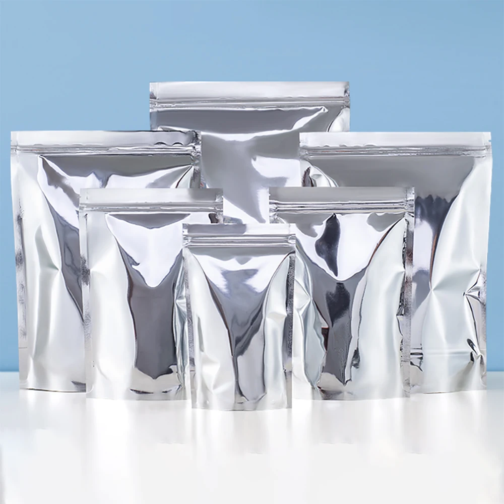 100 個シルバーアルミ箔ジップロック包装袋スタンドアップ再密封可能な光沢のある箔プラスチック熱シール保存ポーチ