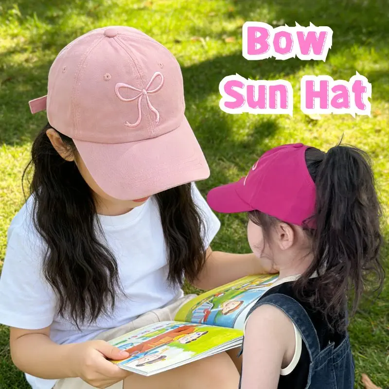 

1 шт. Детская бейсболка с вышитым бантом и высоким хвостиком, дышащая солнцезащитная кепка для девочек, регулируемая кепка с козырьком, дорожная кепка