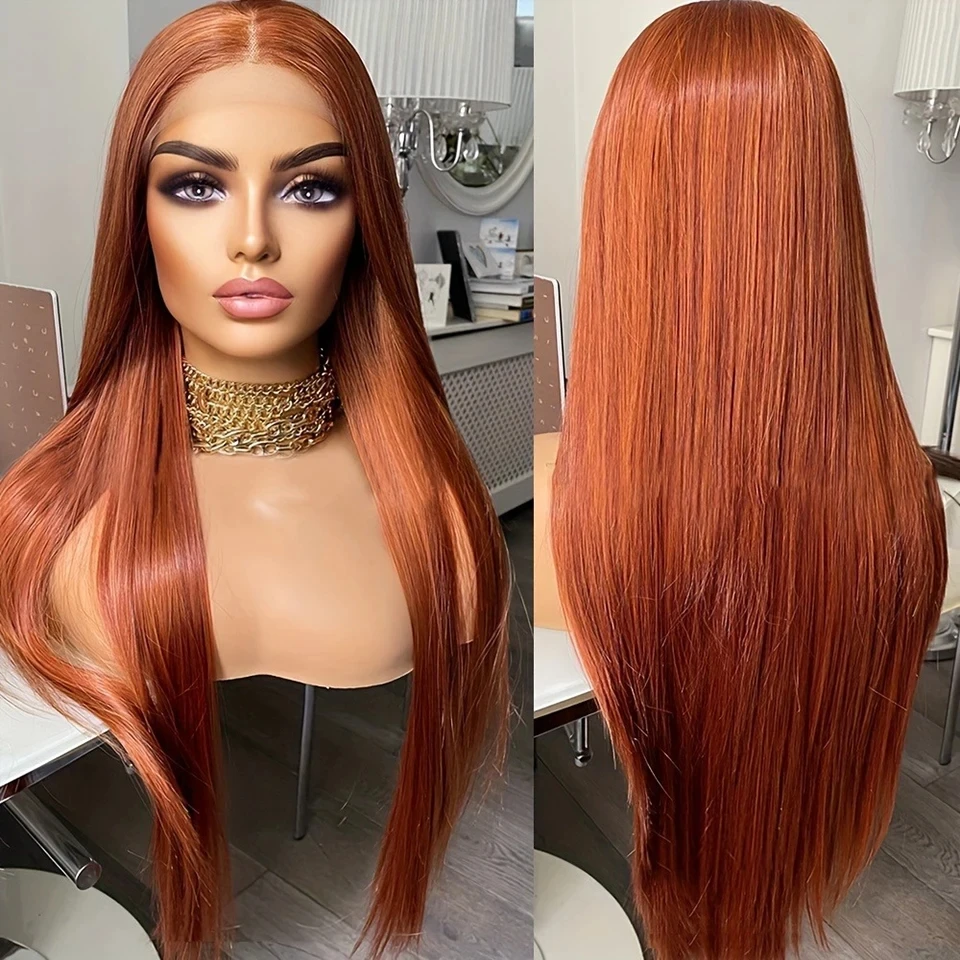 

Copper Ginger Long 30 inch Straight Wig Synthetic 13x4Lace Front Wigs Middle Part Cosplay Wigs Daily Use Heat Resistant Lace Wig
