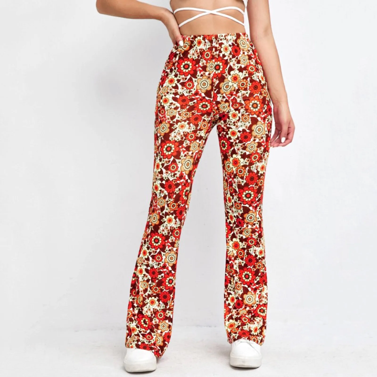 

Ladies Flared Trousers Casual Sports Floral Printed Pants Women's Comfortable Bell-Bottomed Pants Wide Leg Ankle Length Pants