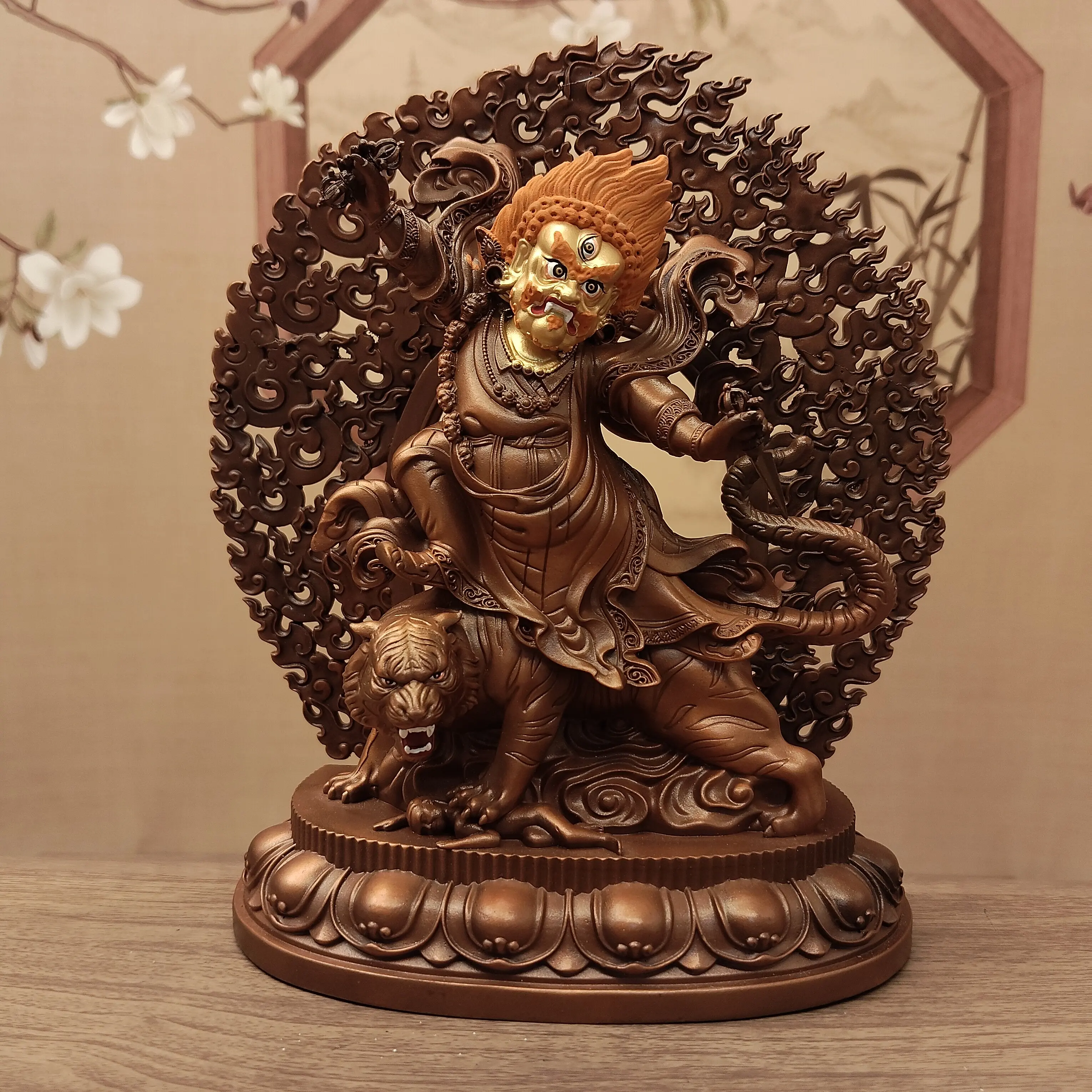 Tibetan Vajrayana Red Antique Copper Painted Face Wrathful Padmasambhava Statue 15cm Home Altar Blessing