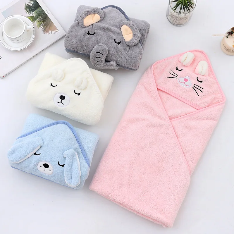 Baby Swaddling Blanket Newborn Swaddling Quilt Kids Coral Fleece Hooded Bath Towel for Children