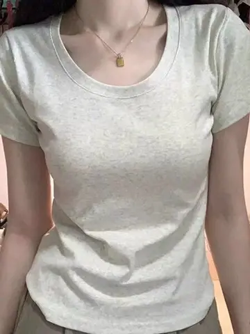 슬림핏 순면 화이트 U넥 반팔 여름 티셔츠 베이직 캐주얼 단색 스몰 아웃도어 탑