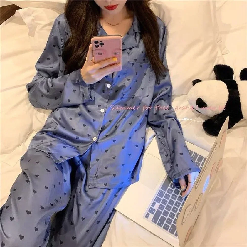 Ice Silk Pajamas for Women's High-end Cardigan Long-sleeved Trousers Hot Style Suit Home Service Top Quality Women's Pajamas Set