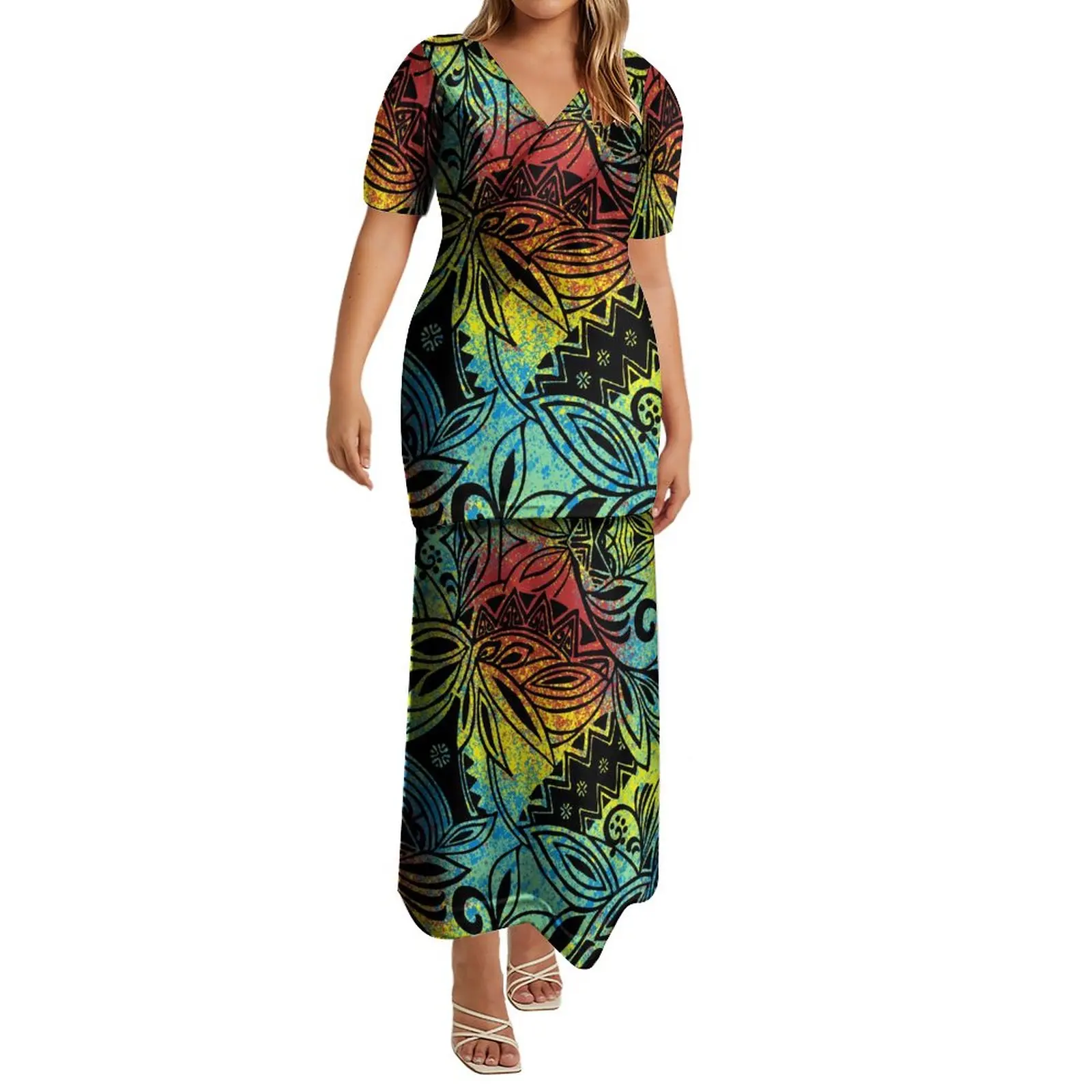 Breathable Y-neck Dress Customized Art Polynesian Ethnic Style High Quality Fabric Elegant Long Dress Summer Short Sleeves