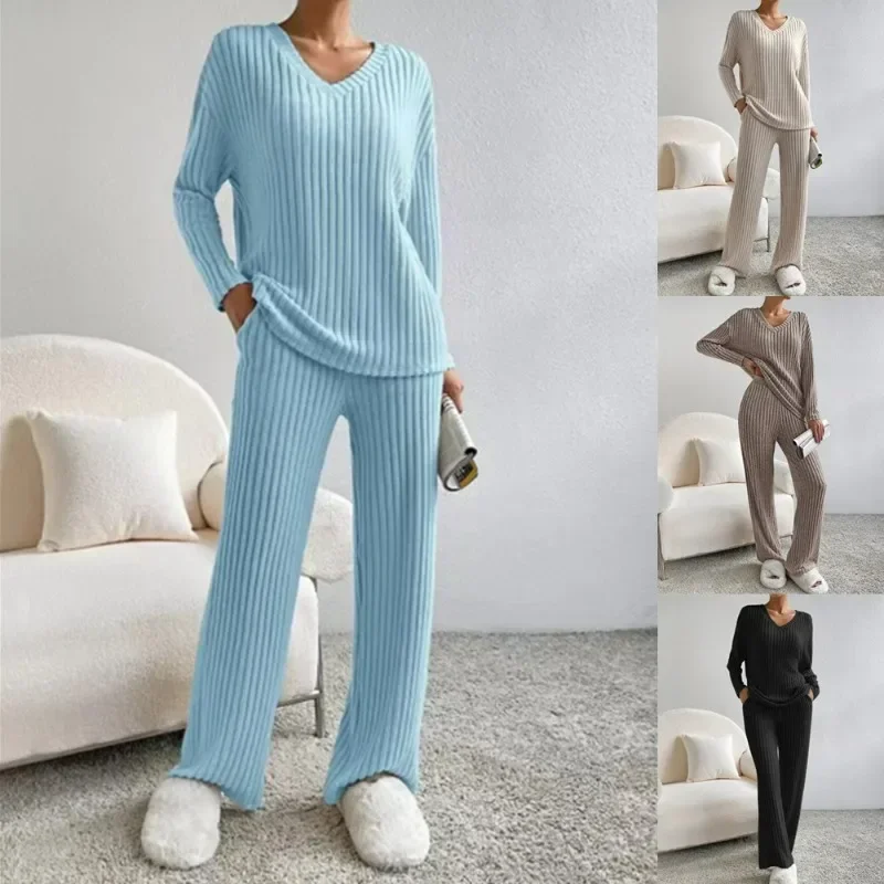 Women\'s Pajamas Autumn Winter New Casual Straight Pants Pullover Sleepwear Loose V Neck Knitted Home Wear Two Piece Loungewear