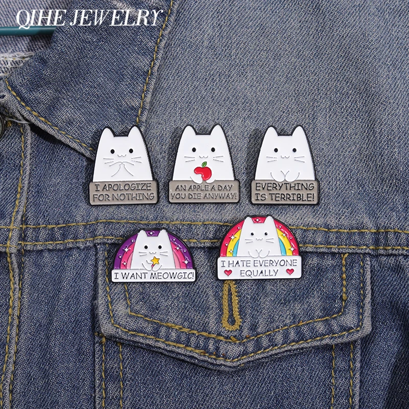 Lindos alfileres esmaltados de gato arcoíris personalizados I HATE EVERYONE EQUALLY divertidos broches de gatito insignia de solapa mochila accesorios de Pin de joyería