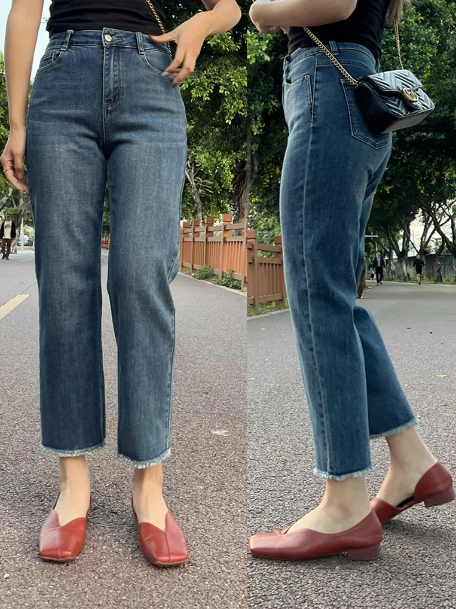 

High Waist Straight Leg Jeans plus Size Women's Spring Summer Thin Nine Tube Socks Fringed Denim Pants Slimming Effect