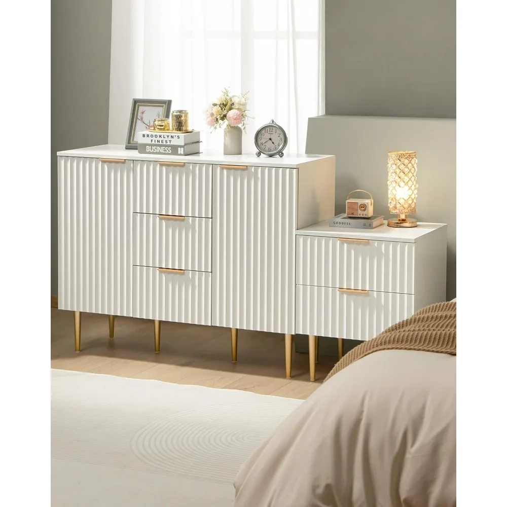 White Sideboard Cabinet with 3 Drawers, Glossy Fluted Buffet Storage Cabinet with Adjustable Shelves,  for Kitchen, Living Room