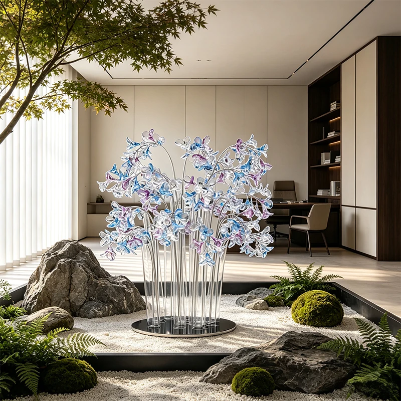 *#Q Hand Dyed Blue Purple Resin Artistic Sculpture Flower Statue High End Commercial Exhibition Hall Decor Wholesale Supply&
