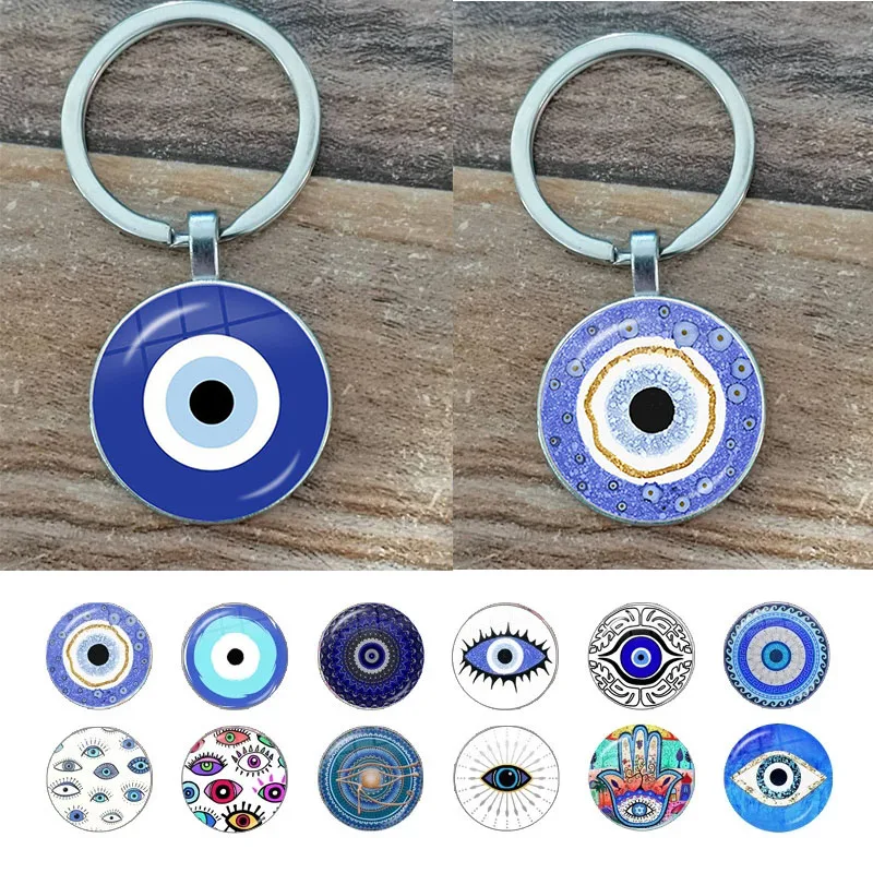 

Beauty Blue Evil Eye Religious Photo Round Glass Cabochon Keychain Bag Car Keychain Jewelry Keychain Gift