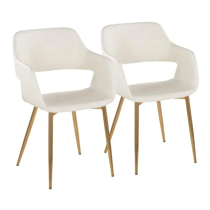 Set of 2 Contemporary Dining/Accent Chairs in Gold Metal and Cream Faux Leather