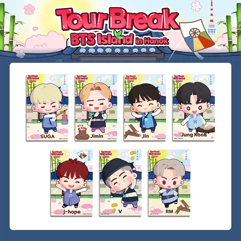 2026 Hot Kpop 7Pcs BTS Tour Break Island in Hanok Lomo Cards Cute Cartoon Photocard Set Fans Collection Gift