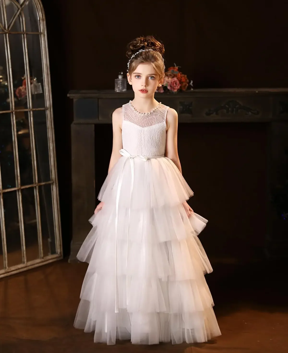 Gaun Pesta Pesta Gaun Gadis Bunga Tulle untuk Pernikahan Renda Gaun Komuni Pertama Gaun Pesta Kontes Berlapis untuk Anak Perempuan