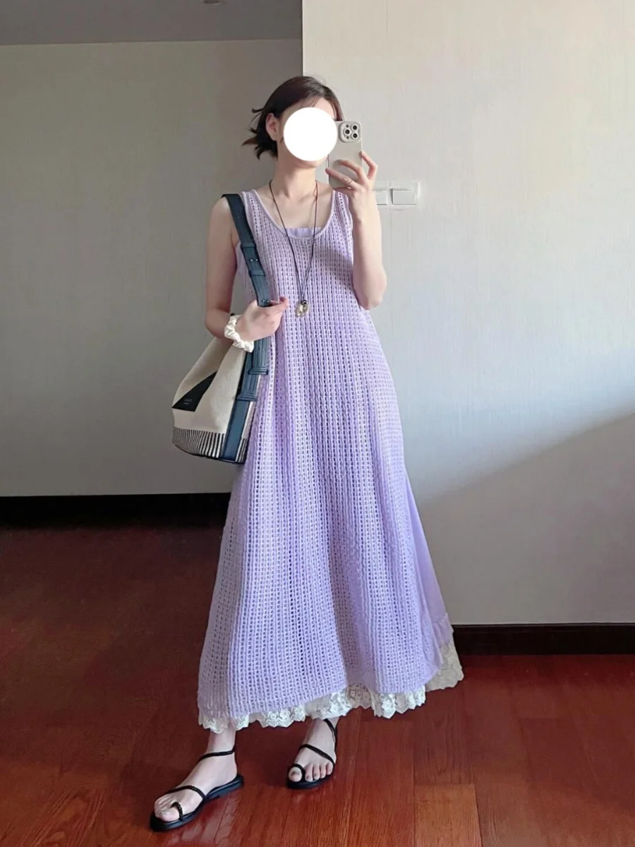 

Летнее вязаное платье больших размеров для женщин, свободное, скрывающее живот, фиолетовое, длинное, с вырезами, на бретельках, с завышенной талией, в нежном стиле