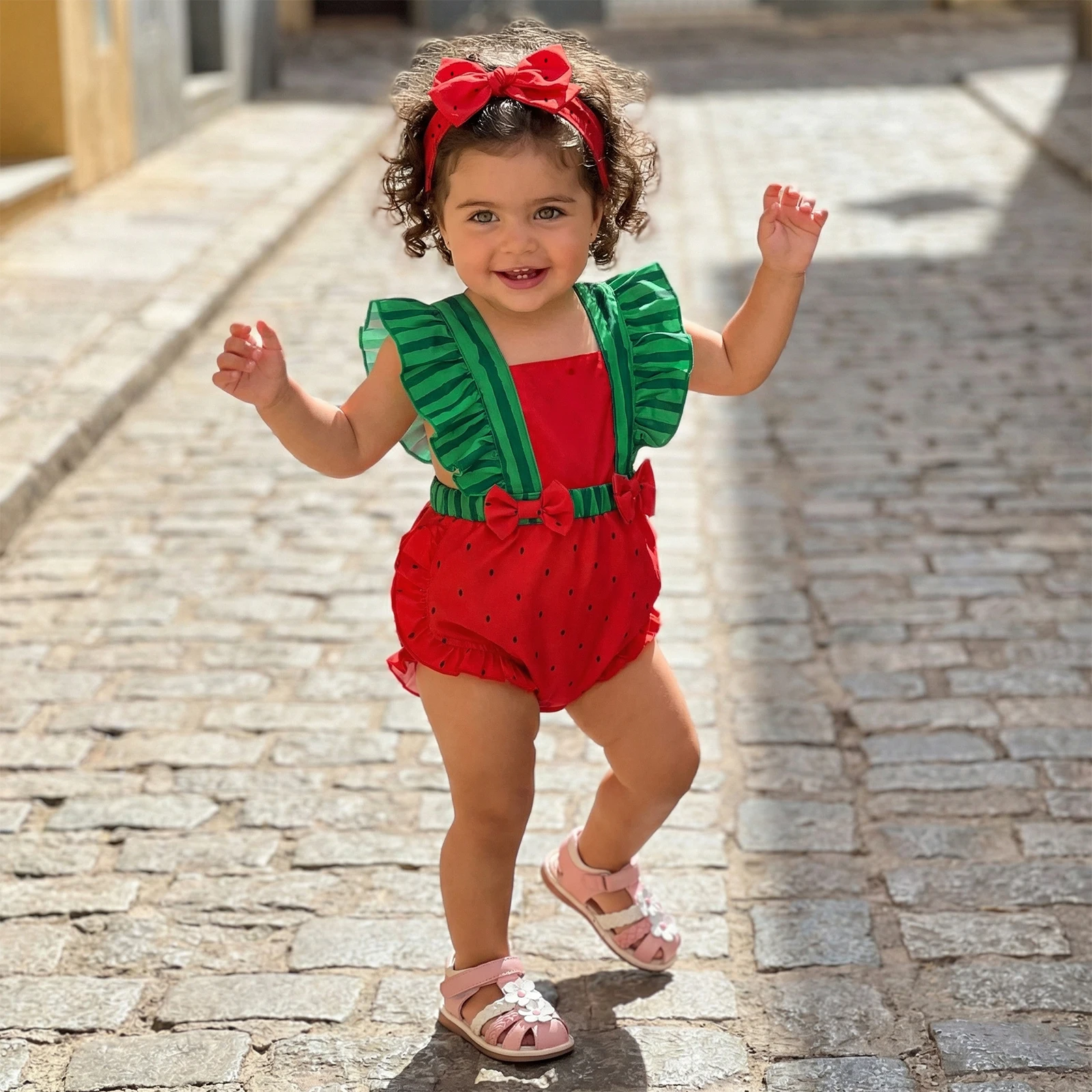 macacao-de-verao-para-bebes-recem-nascidos-manga-curta-gola-quadrada-cor-contrastante-melancia-body-com-laco-faixa-de-cabelo-macacao-fofo