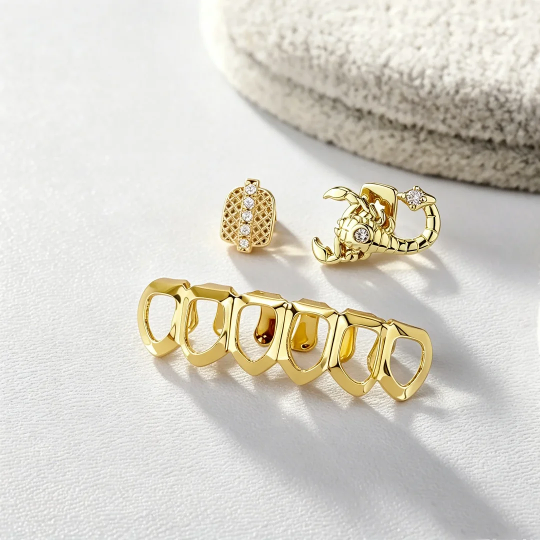 3PC Mens Gold Plated Copper Scorpion Grillz Set Iced out Streetwear Party Jewelry Gift Jewelry For Men&Women