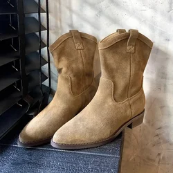 Soft Leather Retro Cowboy Boots New Fall Winter 2024 Western Jeans Boots Pointy Toe Comfy Chunky Brown Frosted Boots for Women