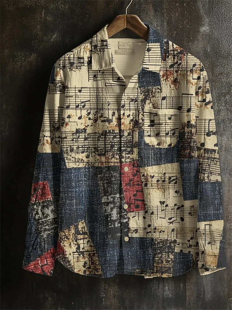 

Vintage 3D Kitten Printed Men's Linen Long Sleeve Button Shirt Vintage Notes Clothing Casual Vintage Style Top