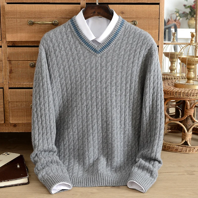 Winter pure cashmere sweater men winter V-neck preppy sweater knit base shirt youth casual fashion warm hot selling students