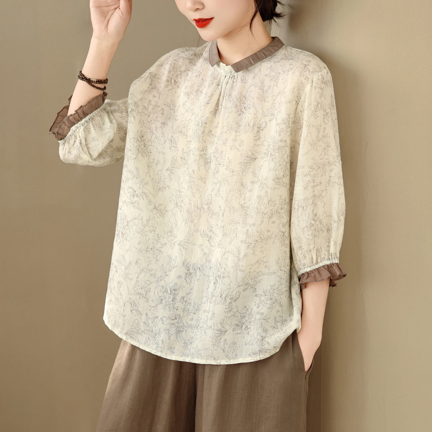 

Summer New Sle Women's Loose Fit Transparent Spliced irt Floral Five-Quarter Sve Top Cotton Blend Artistic Faion