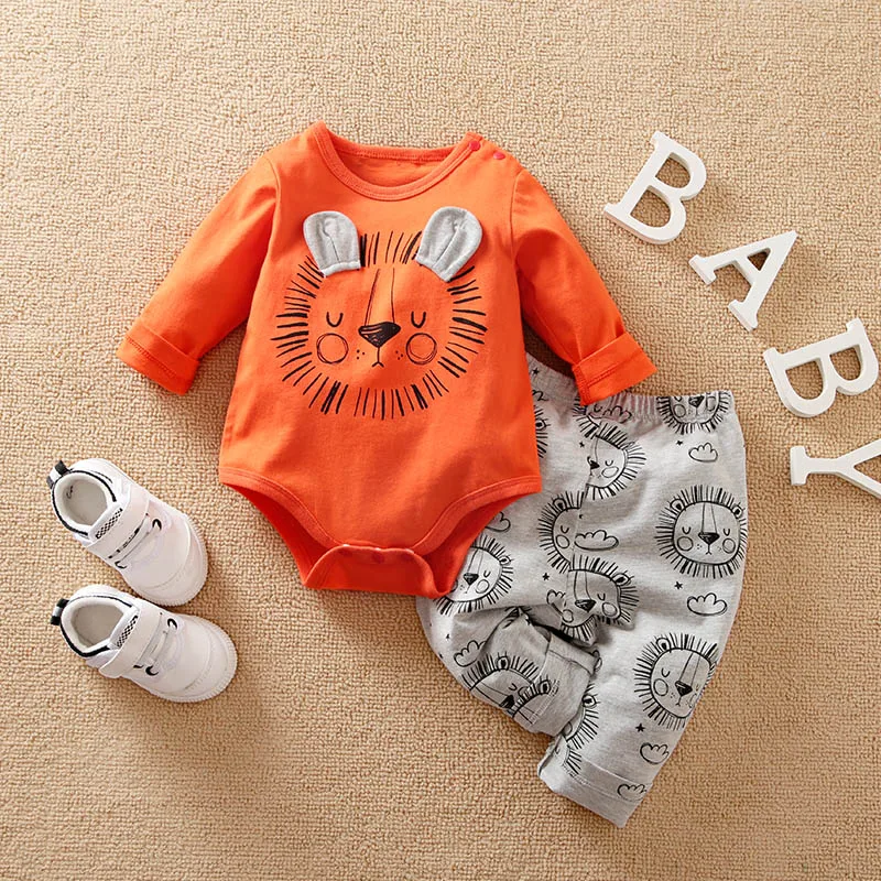 Animal - Orange lion print long sleeve with pants cotton fashion set，0-18 months Newborn Baby boy Spring and Autumn Round Neck