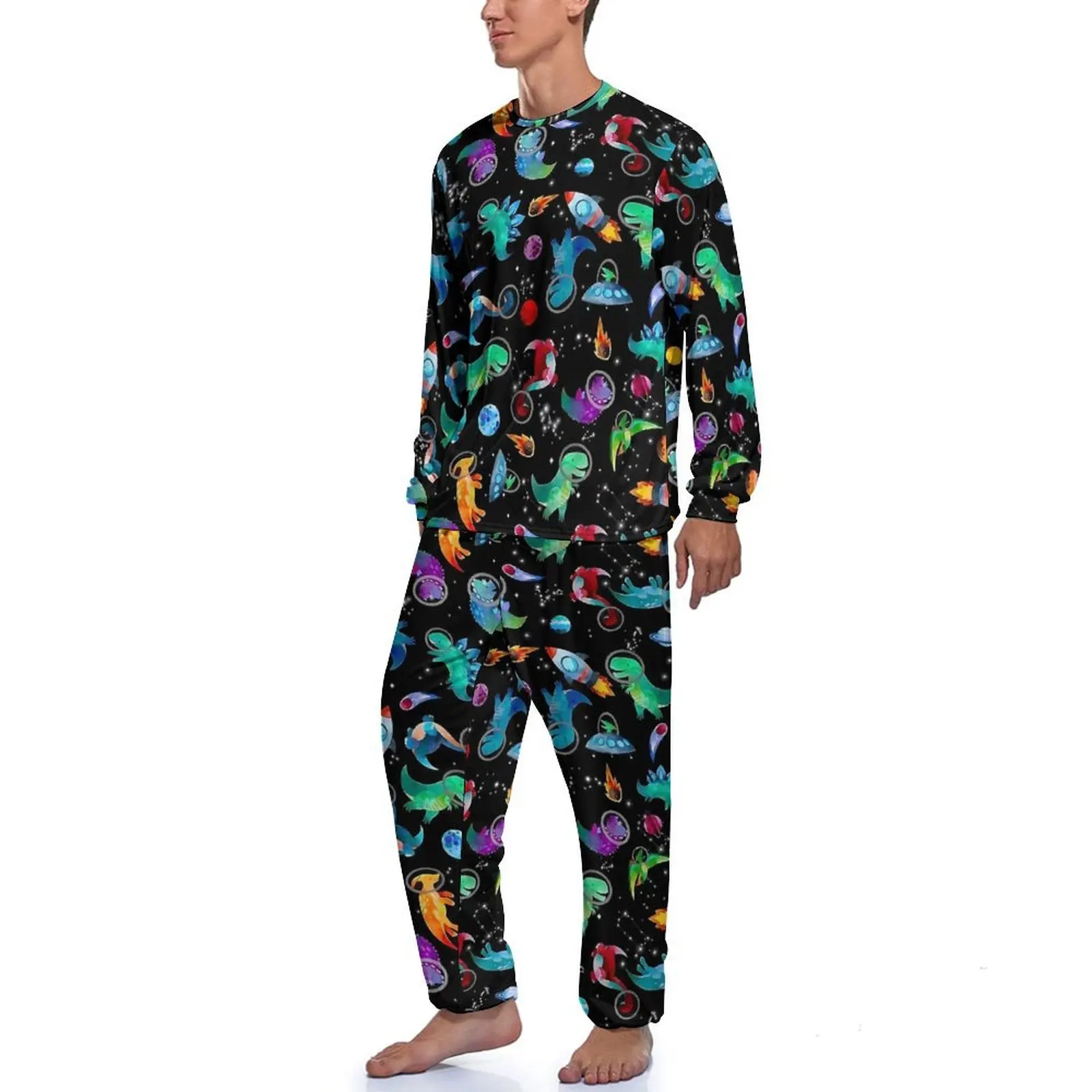 Watercolor Space Dinosaurs Galaxy Print Pajamas  Male Long Sleeve Pajama Sets 2 Piece Room Autumn Design Nightwear Birthday Gift