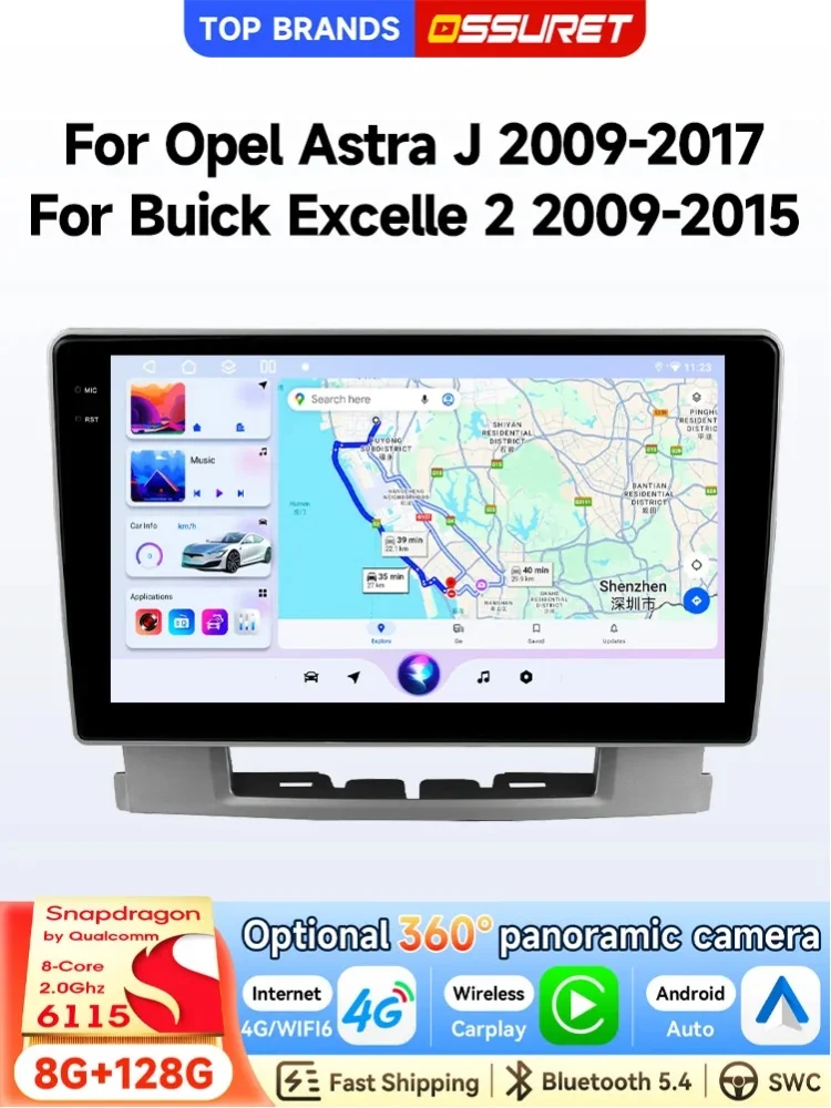 OSSURET 9'' 2 Din Android 15 Autoradio für Opel Astra J 2009-2017 und Buick Excelle 2 2009-2015, Octa Core 6115, GPS-Navigation, Bluetooth, SWC, Wireless Carplay, Android Auto, intelligenter