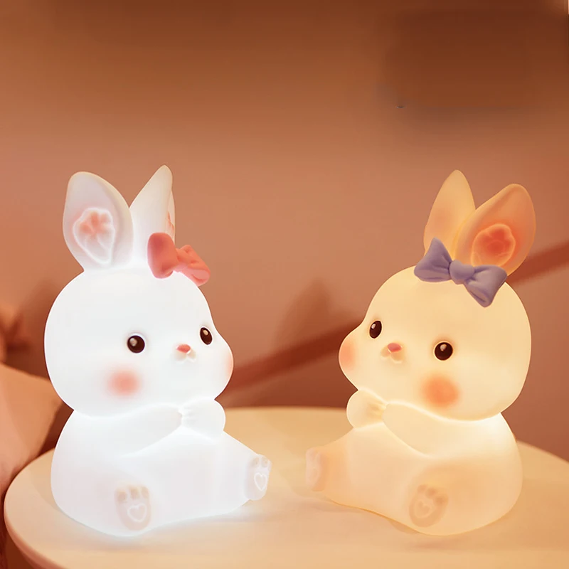 Cartoon LED Night Lights Cute Bunny Rabbit USB Rechargeable Touch Switch Remote Eye Care Bedroom Decoration Desktop Table Lamp