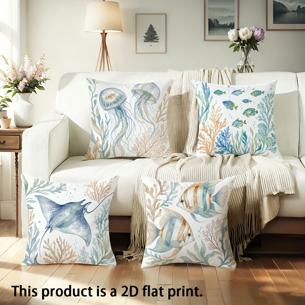 1pc  Nautical Watercolor Ocean Throw Pillow Covers, Coastal Marine Life Cushion Cases for Home Decor