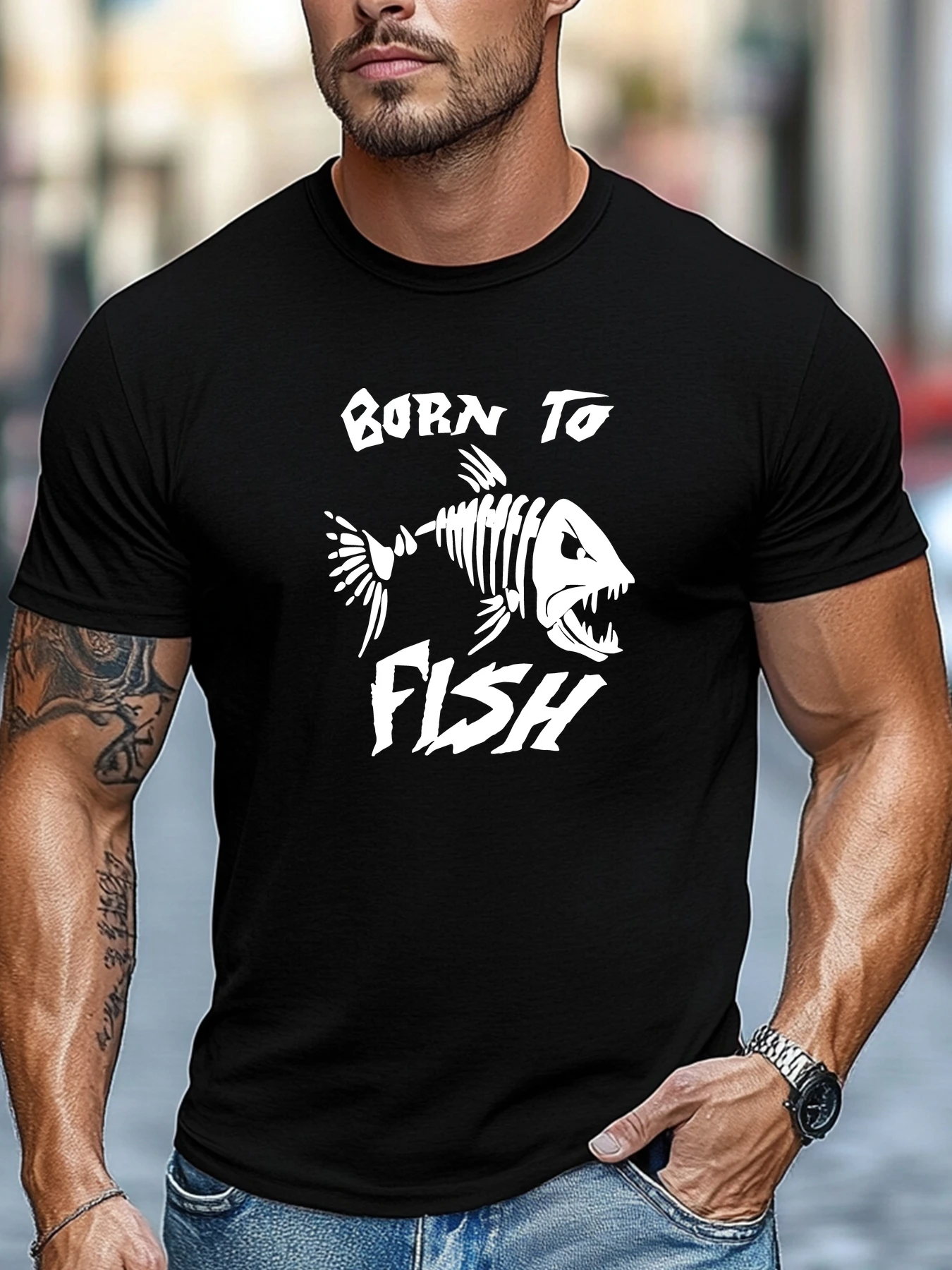 New Men Black Crew Neck Tee Born To Fish Angry Fish Skeleton Graphic Retro Fishing Hobby Outdoor Soft Cotton Male Casual Tops